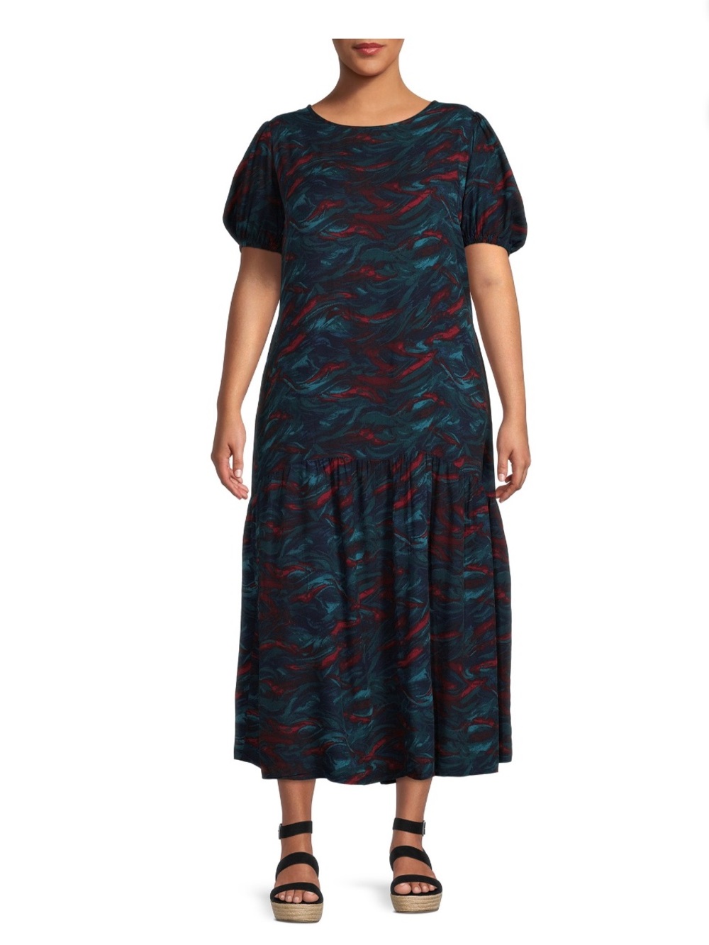 Tiered watercolor wearable art Teal and Burgundy Printed maxi Dress plus 2x